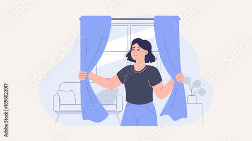 happy young woman opening curtains in her living room in the morning, concept of a new day, hope, and morning routine
