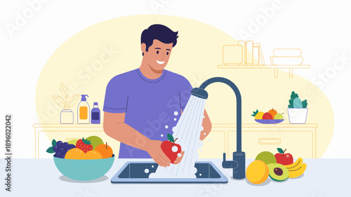 happy young man washing fresh fruit in a modern kitchen sink, concept of healthy eating, food safety, and hygiene

