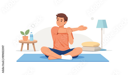 Man stretching on yoga mat at home, flat vector illustration