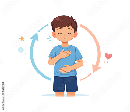 Boy practicing mindful breathing technique, flat vector illustration