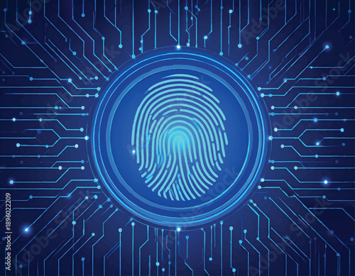 Adobe Illustrator Artwork of Digital Fingerprint with Circuit Network. A glowing blue fingerprint surrounded by circuit-like lines and nodes, symbolizing cybersecurity, encryption, and digital identit
