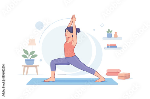 Woman practicing yoga at home in warrior pose, flat vector illustration