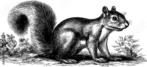 Vintage squirrel with bushy tail in forest botanical setting for retro design