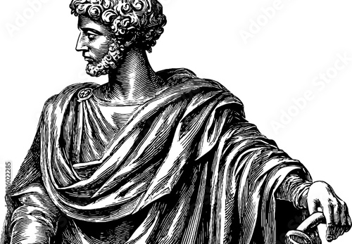 Classical marble statue engraving with botanical motif for retro design