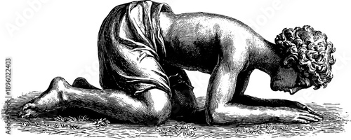 Vintage botanical engraving of a bent knee statue in 19th century style