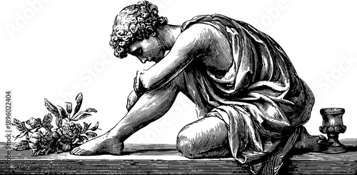 Vintage botanical engraving of statue in bent knee pose with floral elements