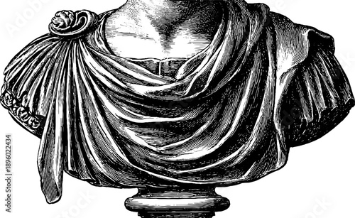 Classical statue with draped cloak and botanical motifs - vintage design for artistic decor