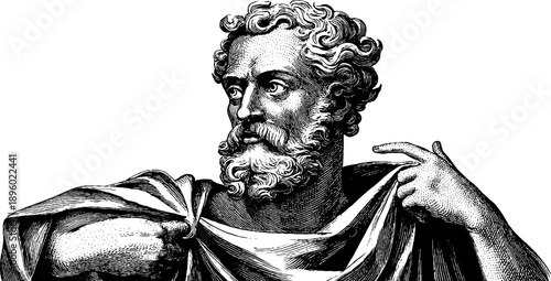 Vintage engraving of draped statue with botanical motif for retro design