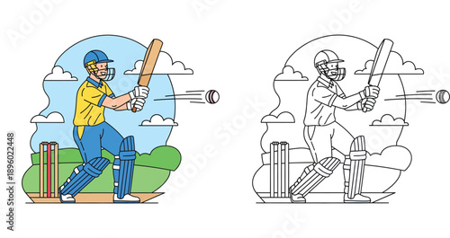 Cricket player batsman batting action on field vector illustration with black and white outline coloring page version