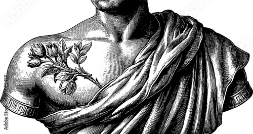 Draped cloak statue with botanical embellishment - vintage design for art prints