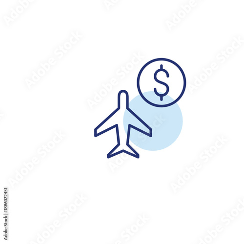 Airplane symbol and dollar sign. Flight costs, ticket buying. Pixel perfect, editable stroke vector icon