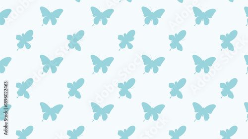 Simple repeating pattern of light blue butterfly silhouettes on a pale blue background for a soft and calming nature inspired design.