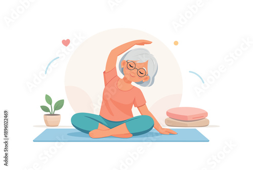 Senior woman doing yoga on mat with plants and cushions, flat vector illustration