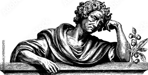 Thoughtful statue with cloak and botanical element in vintage style, design for art prints