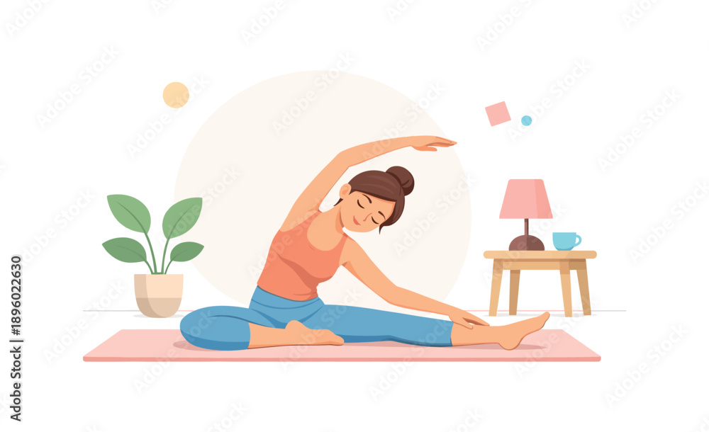 Obraz premium Woman stretching on yoga mat at home, flat vector illustration