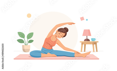 Woman stretching on yoga mat at home, flat vector illustration