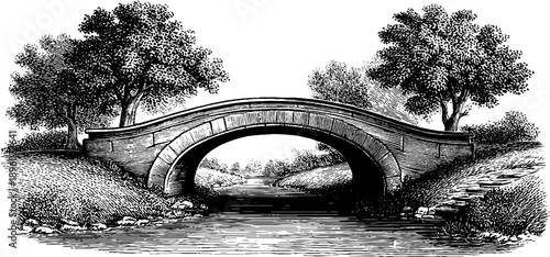 Vintage 19th century stone arch bridge with botanical detail for retro design
