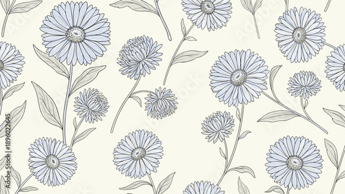 Gentle repeating pattern of soft blue daisy flowers with slender stems and leaves in gray line art on an off white background for themes.