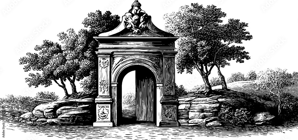 Fototapeta premium Classical stone doorway in a vintage botanical landscape design for prints and posters