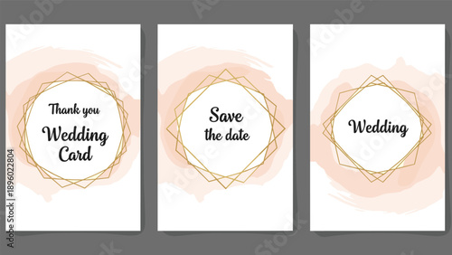 Collection of three wedding invitation templates features pink watercolor splashes and geometric gold frames on white.