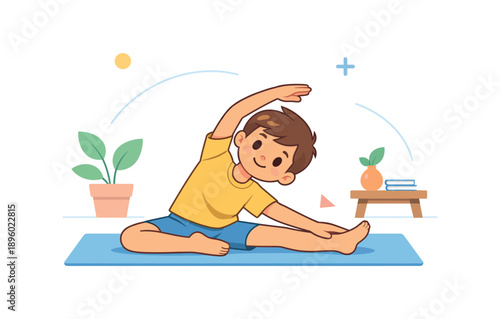 Child doing exercise on yoga mat, flat vector illustration