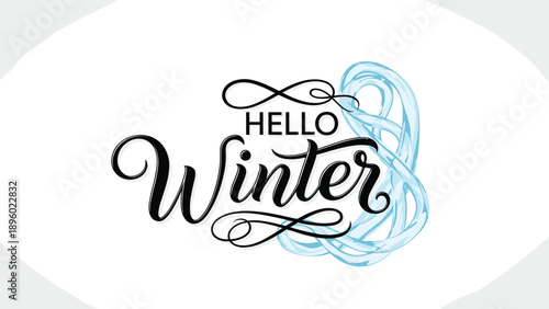 Hello winter typography is paired with abstract blue swirls and ribbons on a white background for seasonal branding.