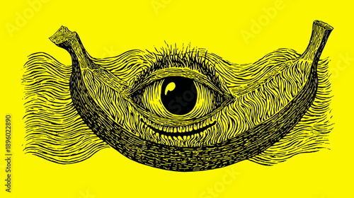 Surreal illustration of a banana with an eye, and teeth on yellow background