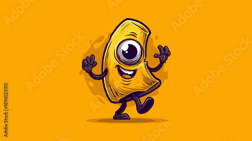 A smiling, cartoonish food character with an oversized eye, arms and legs against an orange background