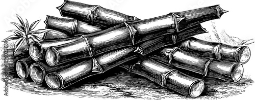 Vintage botanical engraving of sugarcane stalks for agricultural and design use