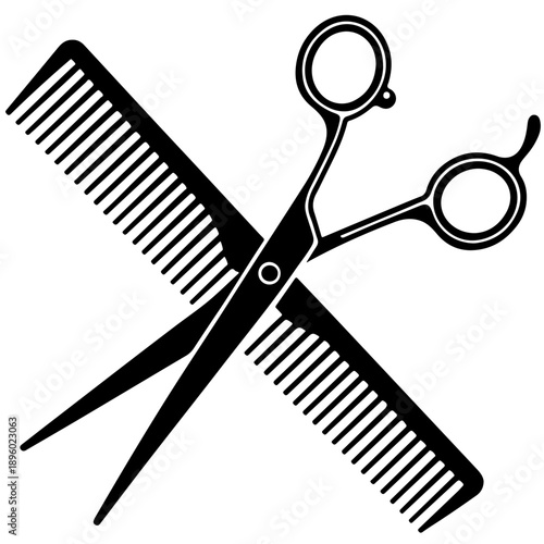 Professional hairstyling tools: black silhouette of comb and scissors for beauty salon or barber shop branding