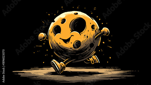 A cartoonish, smiling celestial body is depicted running with arms and legs extended. Illustration