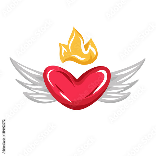 Red heart flying with wings and gold flame illustration symbolizing passionate love, devotion and inner fire. Romantic vector design for Valentine Day, wedding cards, stickers, posters and branding
