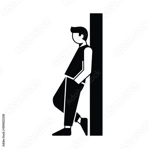 A black and white illustration of a man leaning against a wall in a relaxed pose