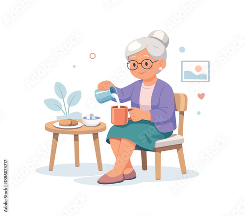 Elderly woman pouring milk into coffee, flat vector illustration