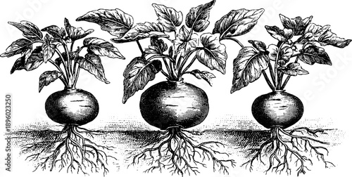 Vintage botanical study of sweet potato root system - hand drawn engraving for educational design