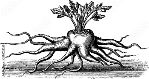Sweet potato root system study vintage botanical engraving for educational design