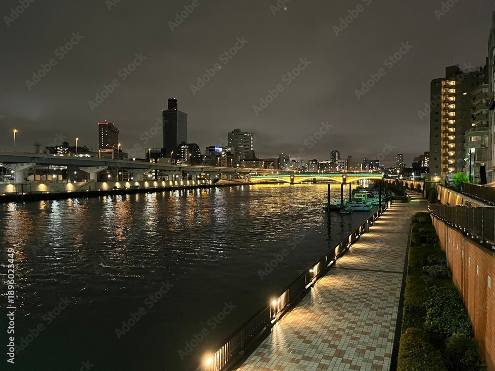 Fototapeta premium Urban Riverside Walkway at Night