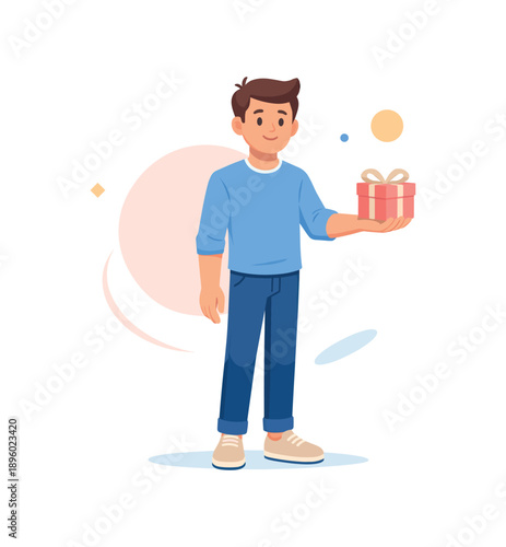 Man holding gift box with ribbon, flat vector illustration