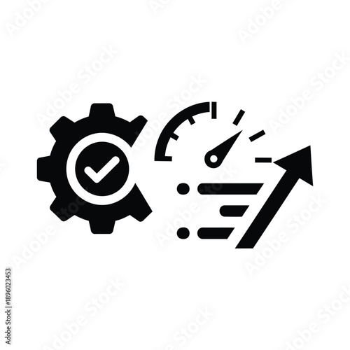 Black and white icon of gear with checkmark and speedometer with rising arrow
