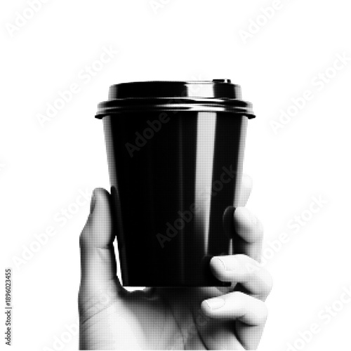 Hand holding takeaway coffee cup in black and white halftone style. Minimal dotted illustration of hot drink to go, urban lifestyle, caffeine break, or modern cafe concept.