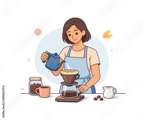 Woman pouring coffee with dripper and kettle, flat vector illustration