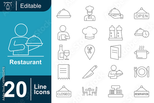 Restaurant Icons Set Food Service, Dining, Hospitality, Culinary, and Catering - Editable Line Graphics