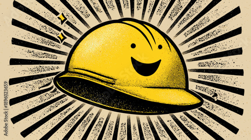 A smiling yellow construction helmet, radiating beams, on a textured beige background with stardust