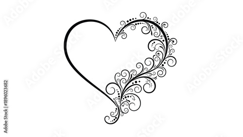 Elegant heart silhouette with intricate floral swirls and dot patterns decorating one half on a white background.