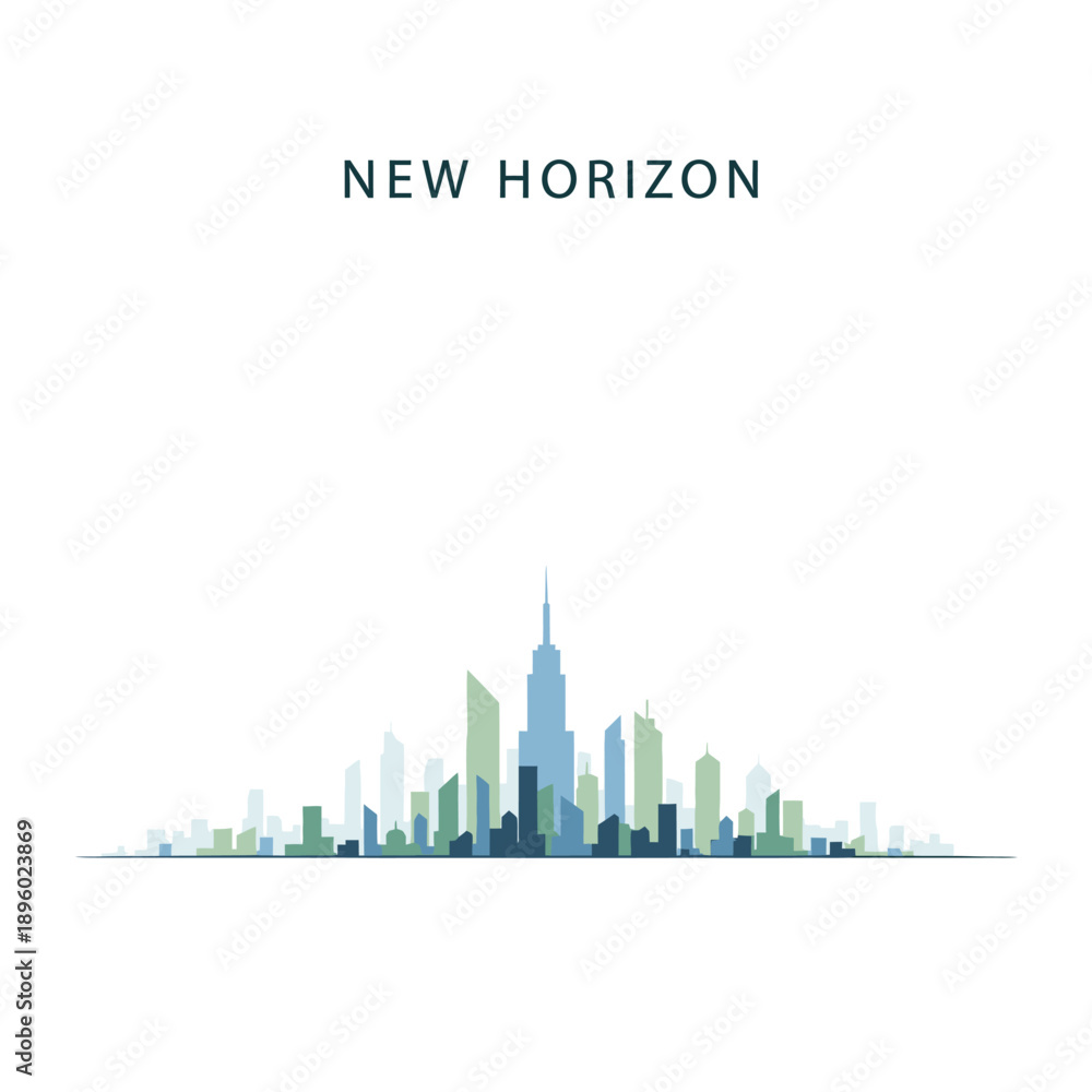 Fototapeta premium Modern city skyline silhouette, representing future development and urban growth, with stylized skyscrapers against a clean white background