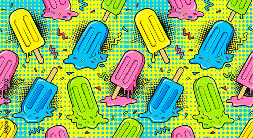 Pop art style colorful melting ice cream popsicles vector illustration.