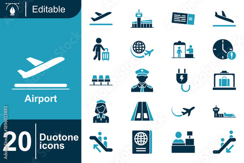 Airport icons set of 20 duotone illustrations representing travel, aviation, and transportation concepts with editable elements