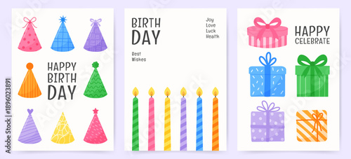 Birthday poster set with colorful party hats, candles, gift boxes, happy birthday and celebrate text. For greeting cards, invitations, kids designs