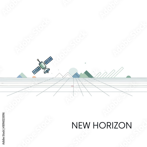 Modern illustrative design of a communication satellite orbiting a digital grid, symbolizing global connectivity, technological advancement