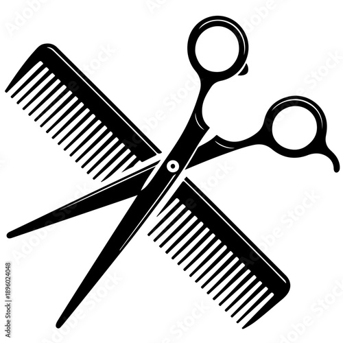 Professional hairdressing tools: classic black silhouette of scissors and comb